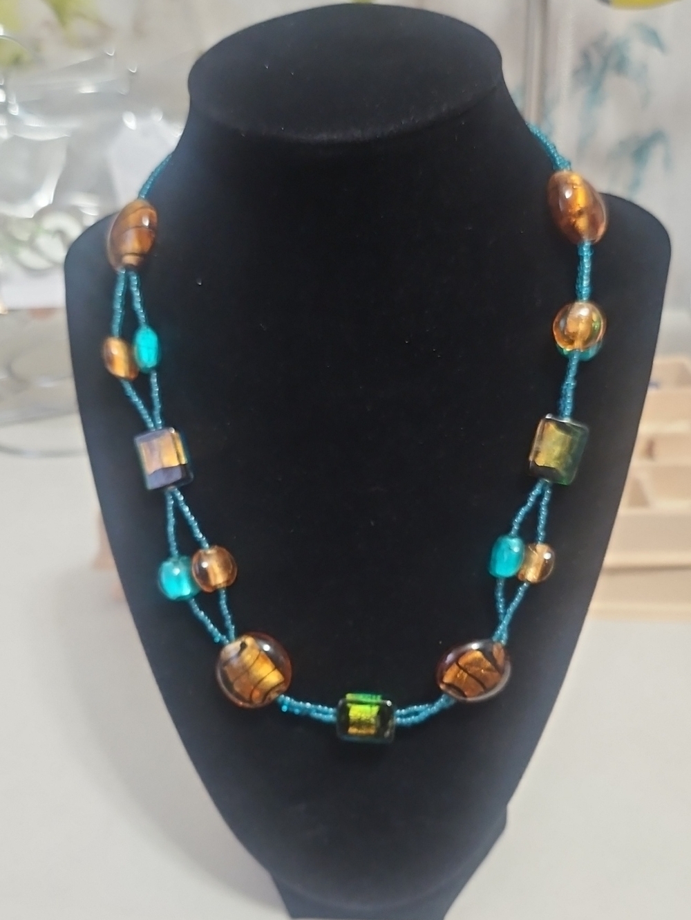Handmade Vintage Glass Beaded Necklace Artist Fashion Good length Brown Blue